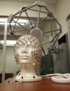 An image of a foam head equipped with a dense EEG net sitting beneath a geodesic photogrammetry system.