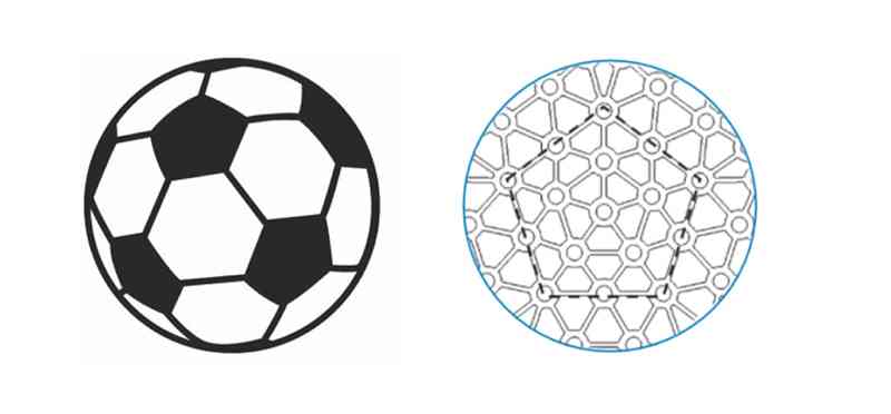 Illustration of a soccer ball on the left compared on the right to an illustration of the Modular Pentagonal Element design.